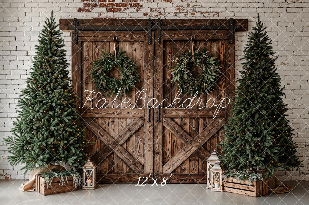 Kate Christmas Wood Barn Door Pine Trees Wreath Backdrop Designed by Emetselch