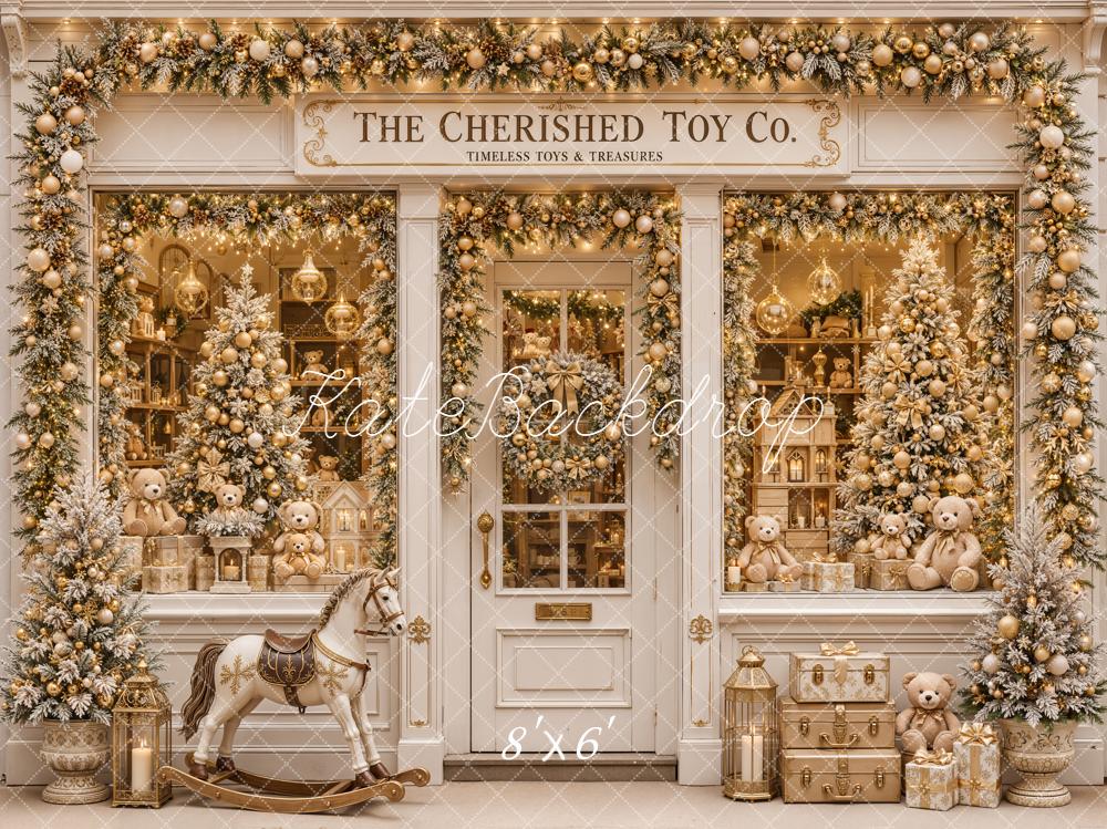Kate Christmas Vintage Toy Shop Window Rocking Horse Printed Backdrop Designed by Emetselch