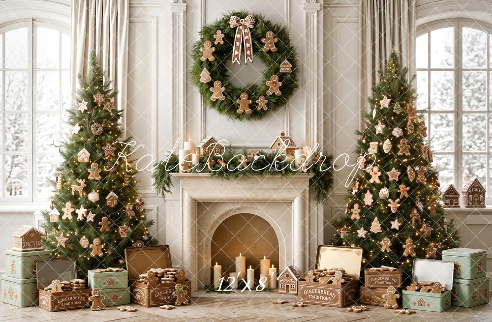 Kate Christmas Gingerbread Trees Wreath Fireplace Gifts Window Printed Backdrop Designed by Emetselch