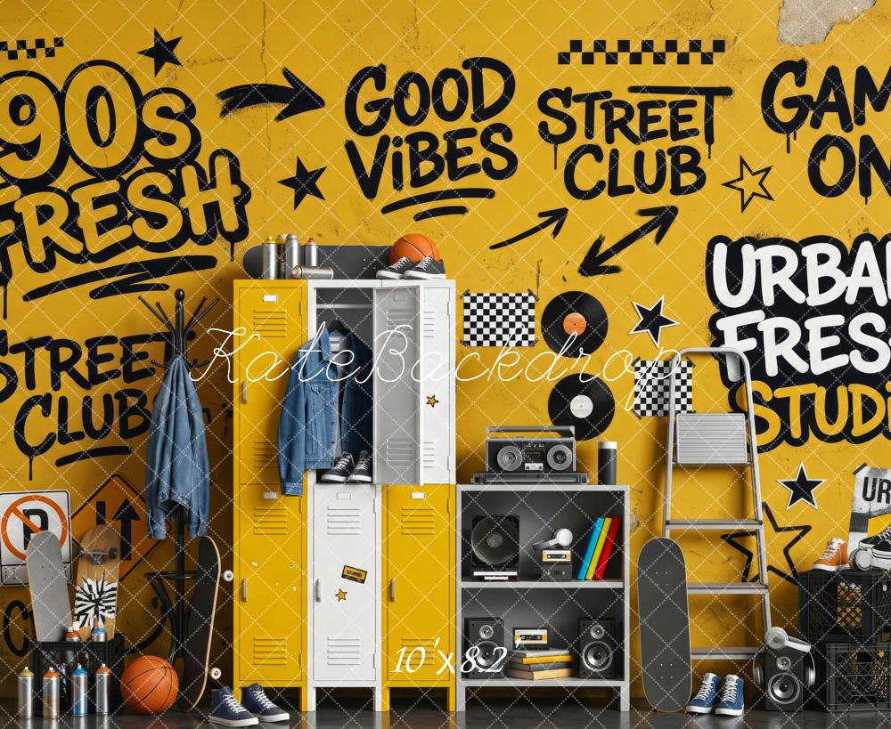 Kate School 90s Yellow Graffiti Locker Street Club Printed Backdrop Designed by Patty Roberts