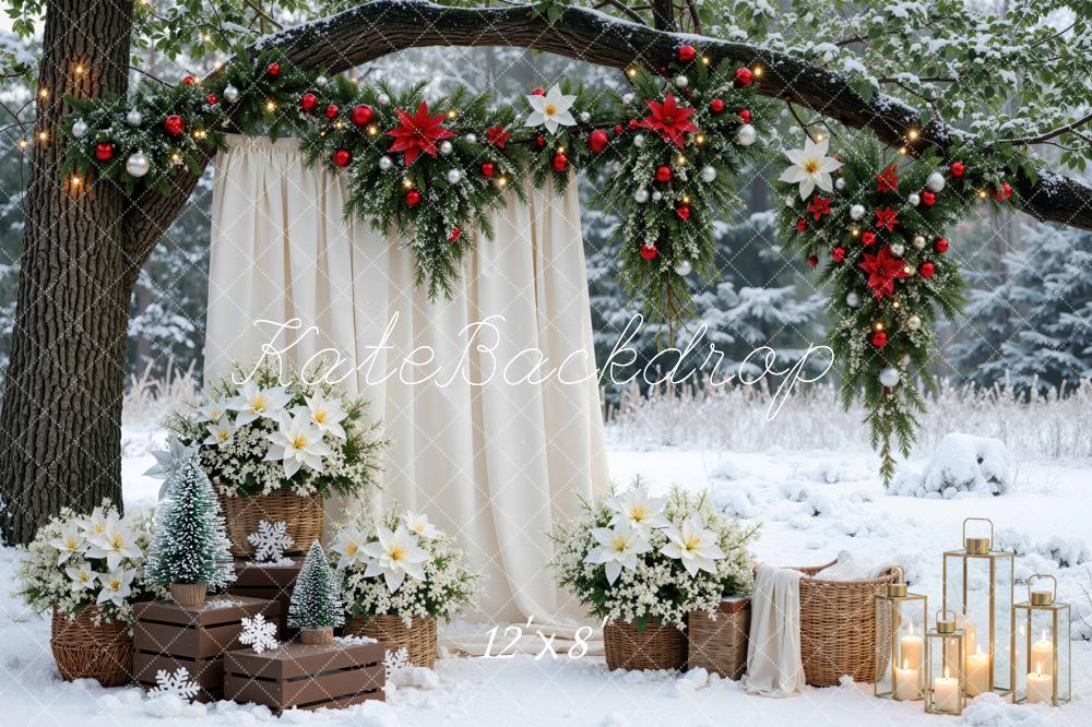 Kate Christmas Branch Arch Garland White Poinsettia Outdoor Snow Printed Backdrop Designed by Mini MakeBelieve