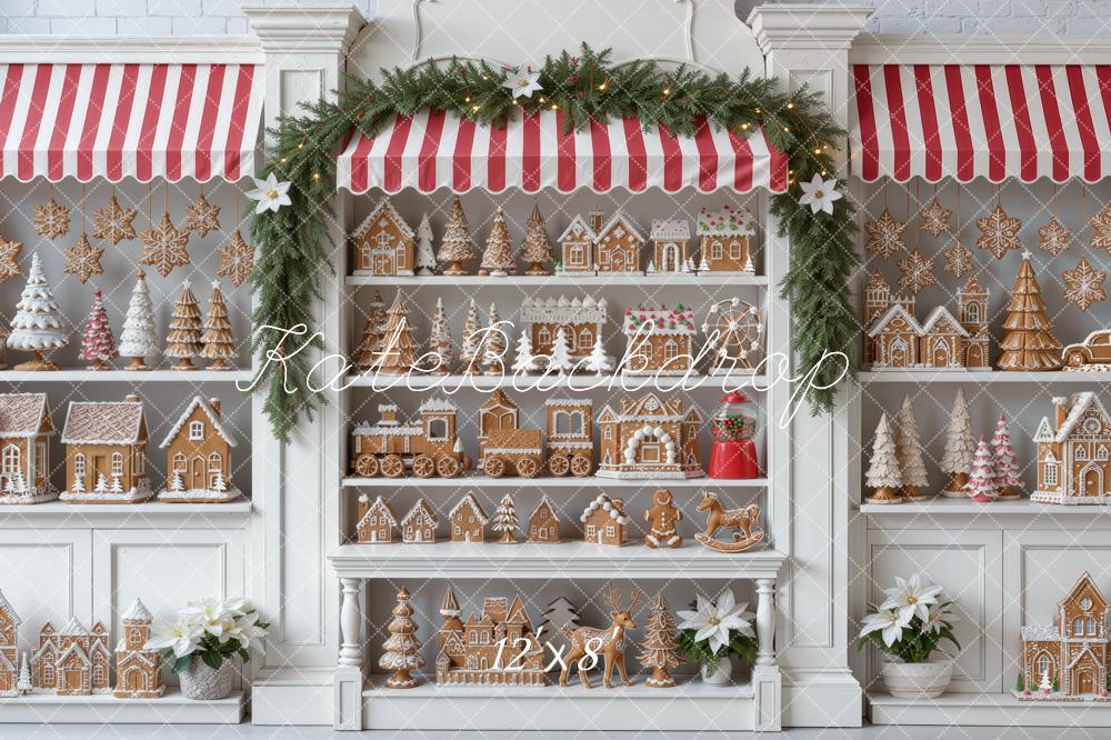 Kate Christmas Gingerbread Baking Storefront Cabinet Red Striped Awning Printed Backdrop Designed by Mini MakeBelieve