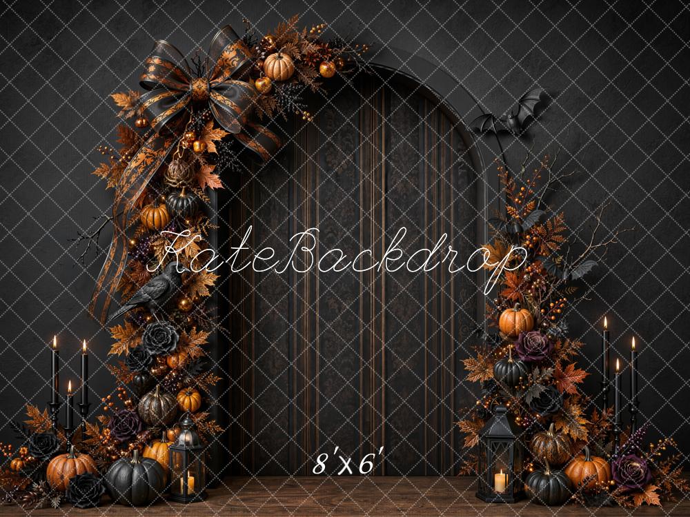 Kate Halloween Black Bow Pumpkin Arch Door Candlelight Gothic Printed Backdrop Designed by Emetselch