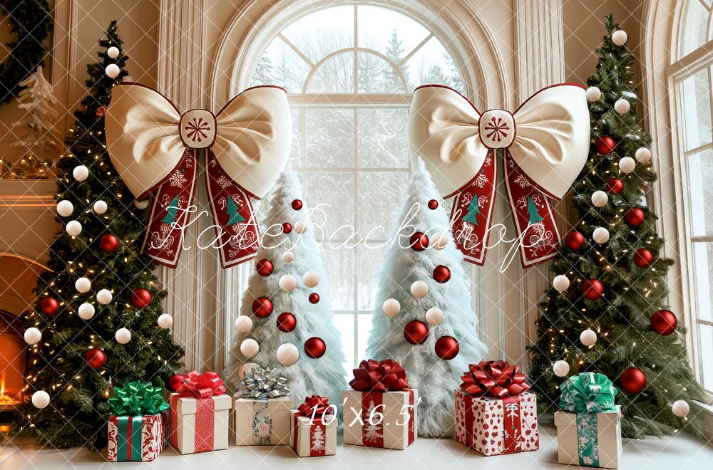 Kate Christmas Trees Large Folk Bows Gift Window Backdrop Designed by Mini MakeBelieve