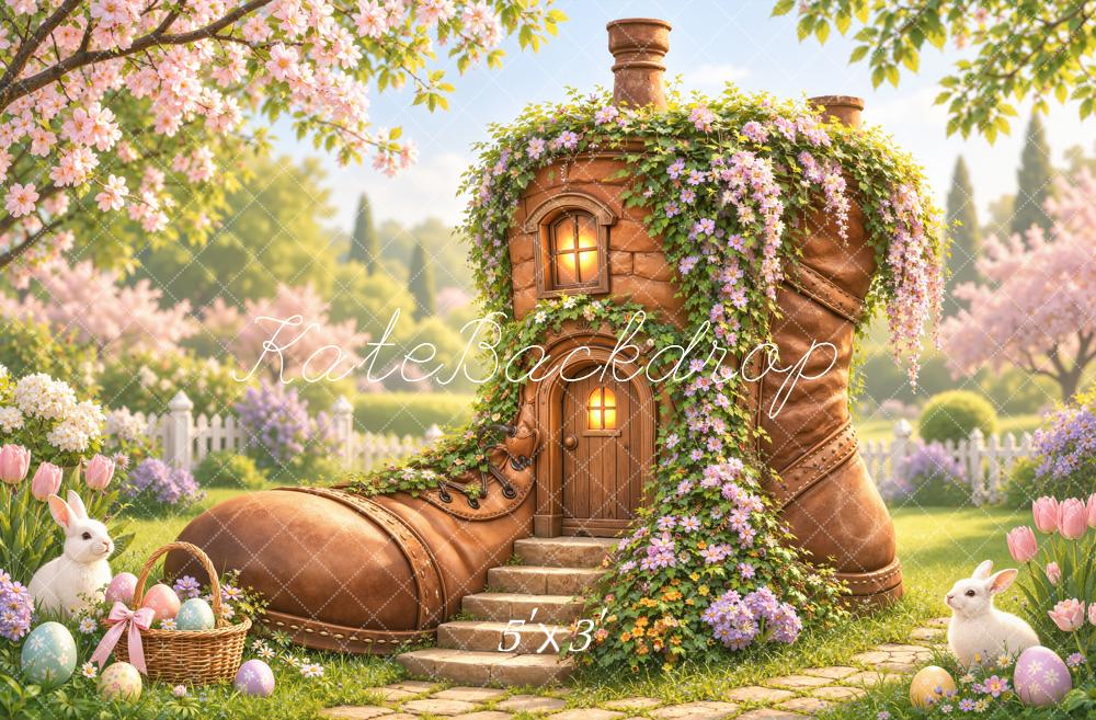 Kate Easter Boot House Bunny Flower Garden Printed Backdrop Designed by Emetselch