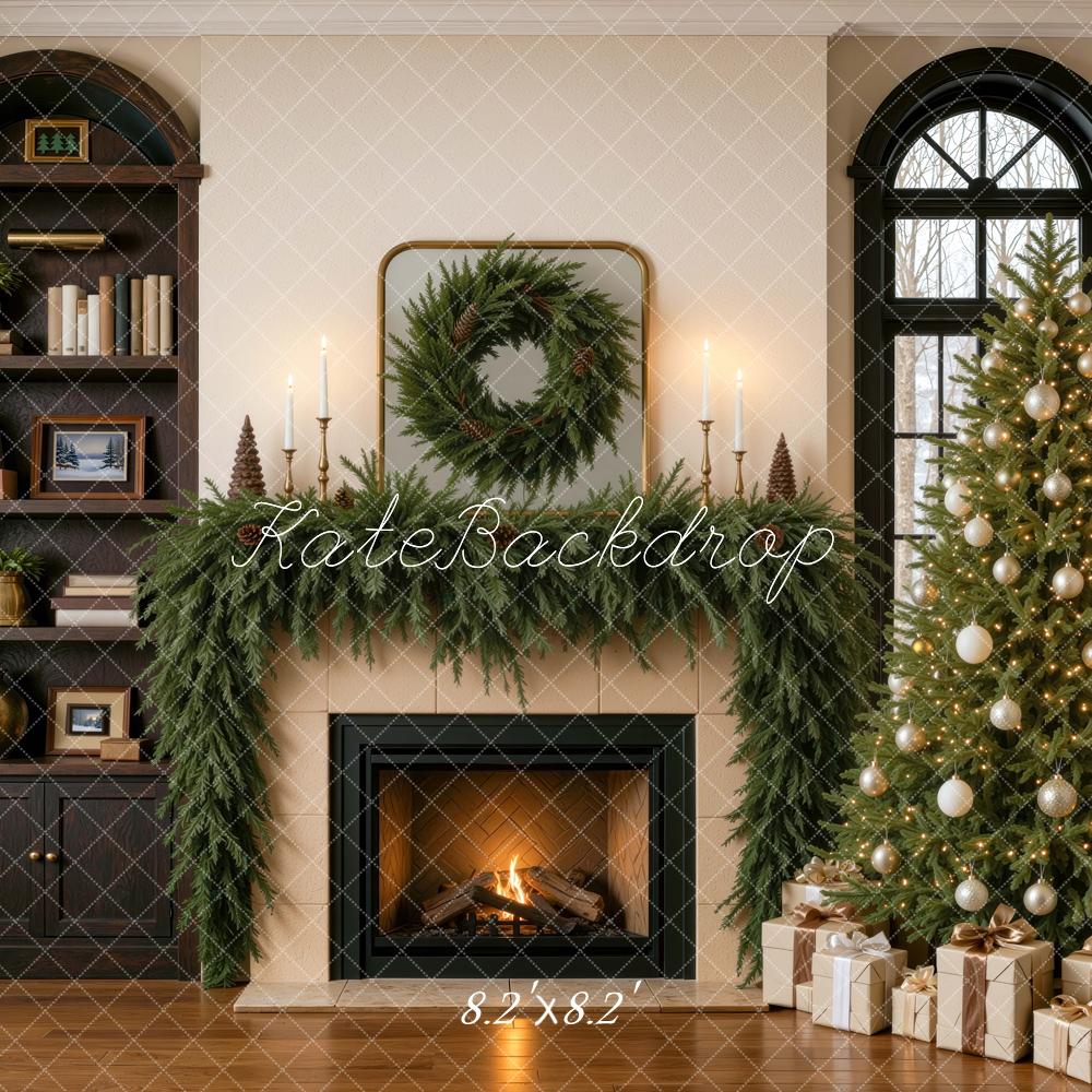Kate Christmas Tree Bookcase Fireplace Wreath Living Room Printed Backdrop Designed by Mini MakeBelieve
