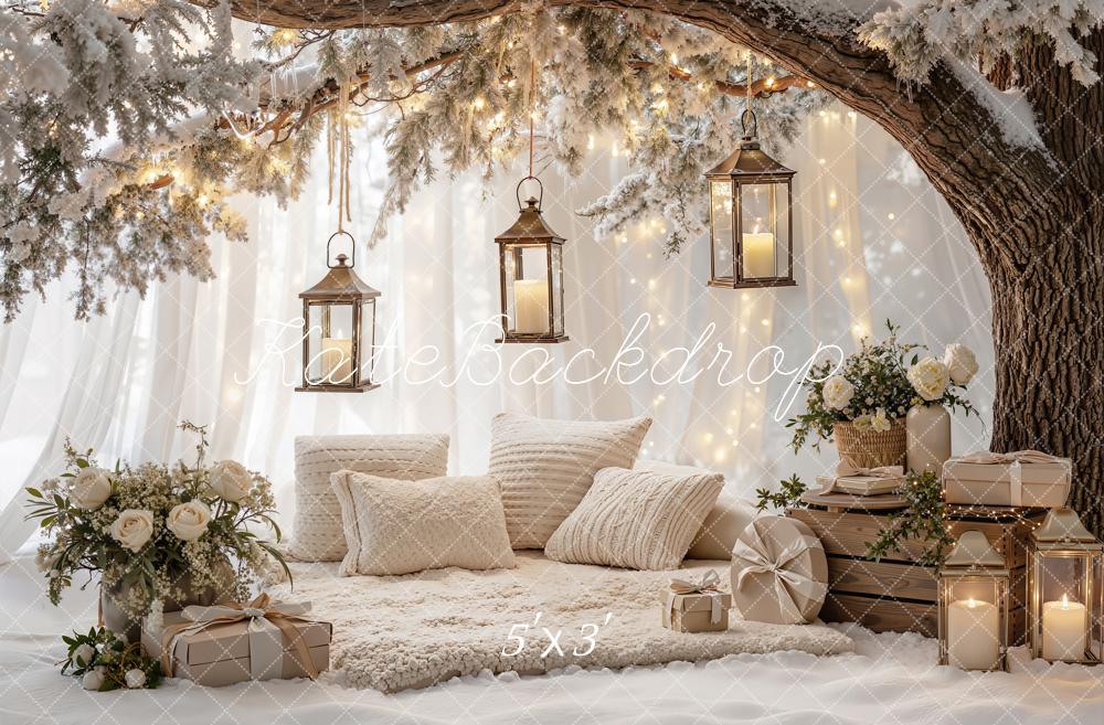 Kate Christmas Branch Arch Snowy Tree Lanterns Pillows Gifts Printed Backdrop Designed by Emetselch