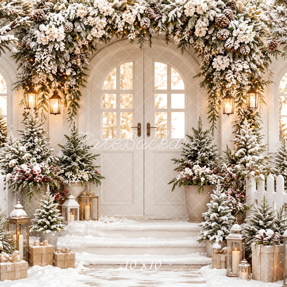Kate Christmas Snowy Porch Pine Garland Lanterns White Fence Printed Backdrop Designed by Emetselch