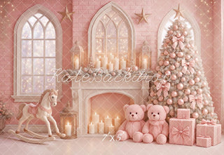 Kate Christmas Tree Fireplace Teddy Bear Pink Printed Backdrop Designed by Ashley Paul