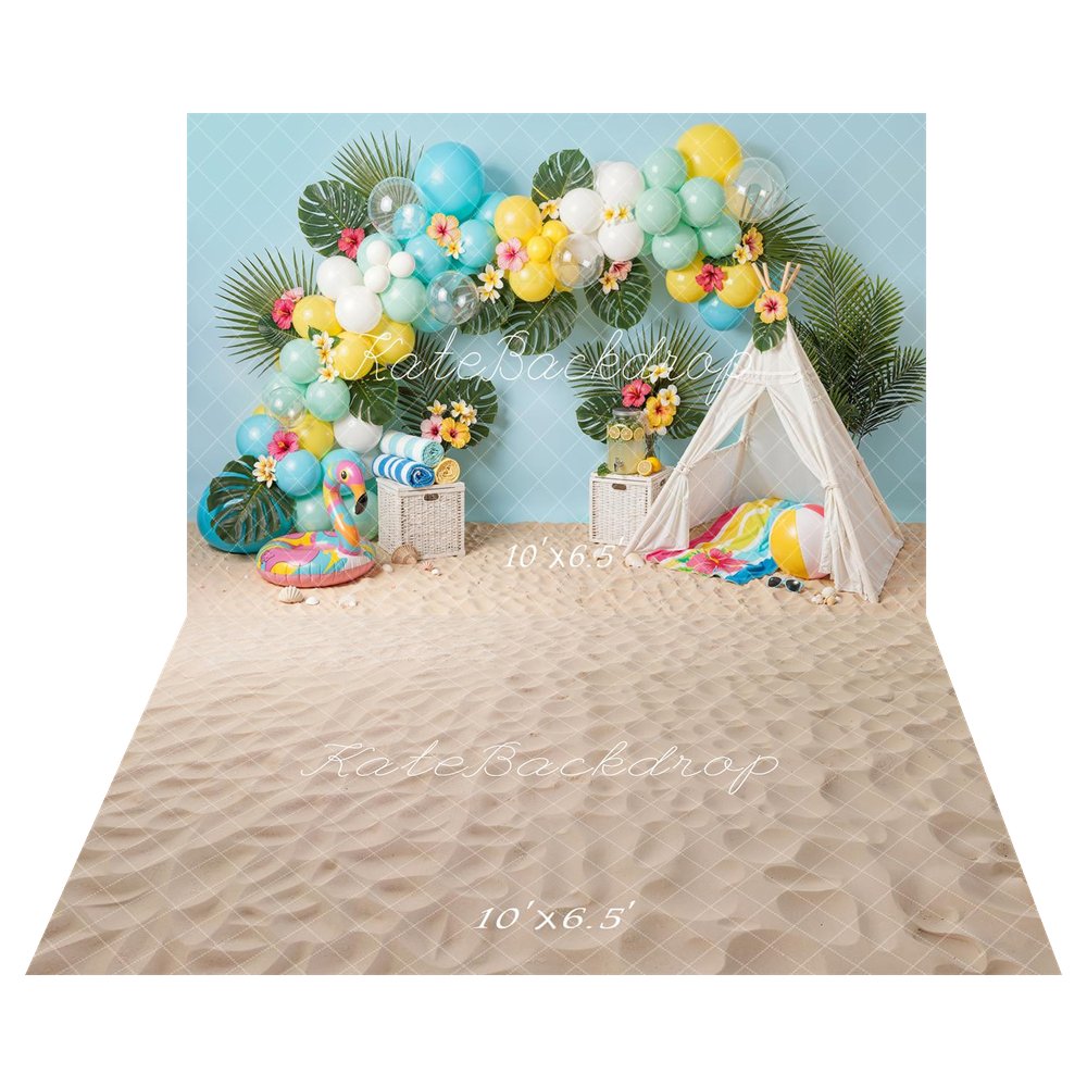 Kate Cake Smash Balloon Arch Flamingo Palm Leaves Tent Beach Scene Backdrop+Beige Sand Texture Backdrop