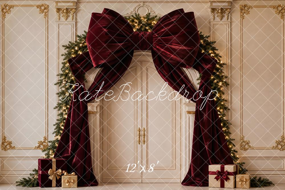 Kate Christmas Burgundy Velvet Bow Garland Arch Printed Backdrop Designed by Vertigo Productions