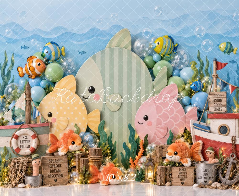 Kate Cake Smash Blue Underwater Fish Fishing Boat Printed Backdrop Designed by Laura Bybee