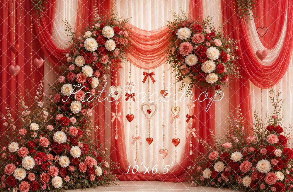 Kate Valentine's Day Floral Red Drapes Arch Hearts Garland Printed Backdrop Designed by Emetselch