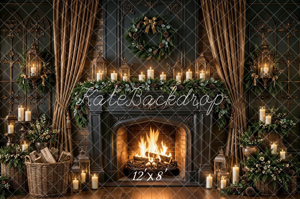 Kate Christmas Fireplace Vintage Wreath Greenery Candles Garland Lanterns Printed Backdrop Designed by Emetselch