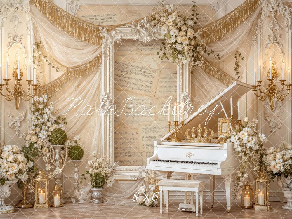 Kate Spring Ivory Grand Piano Floral Framed Printed Backdrop Designed by Mini MakeBelieve