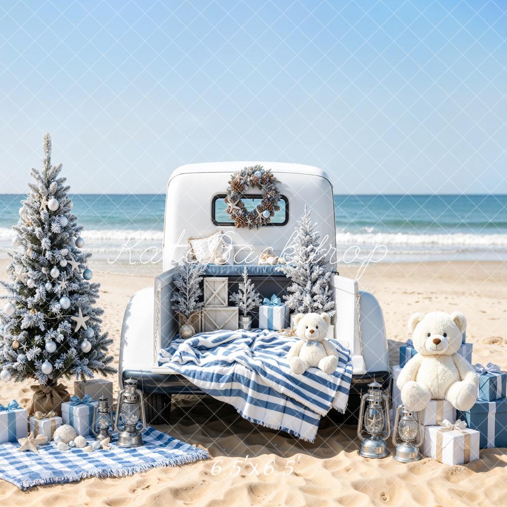 Kate Christmas Beach Truck Teddy Bears Gifts Printed Backdrop Designed by Emetselch
