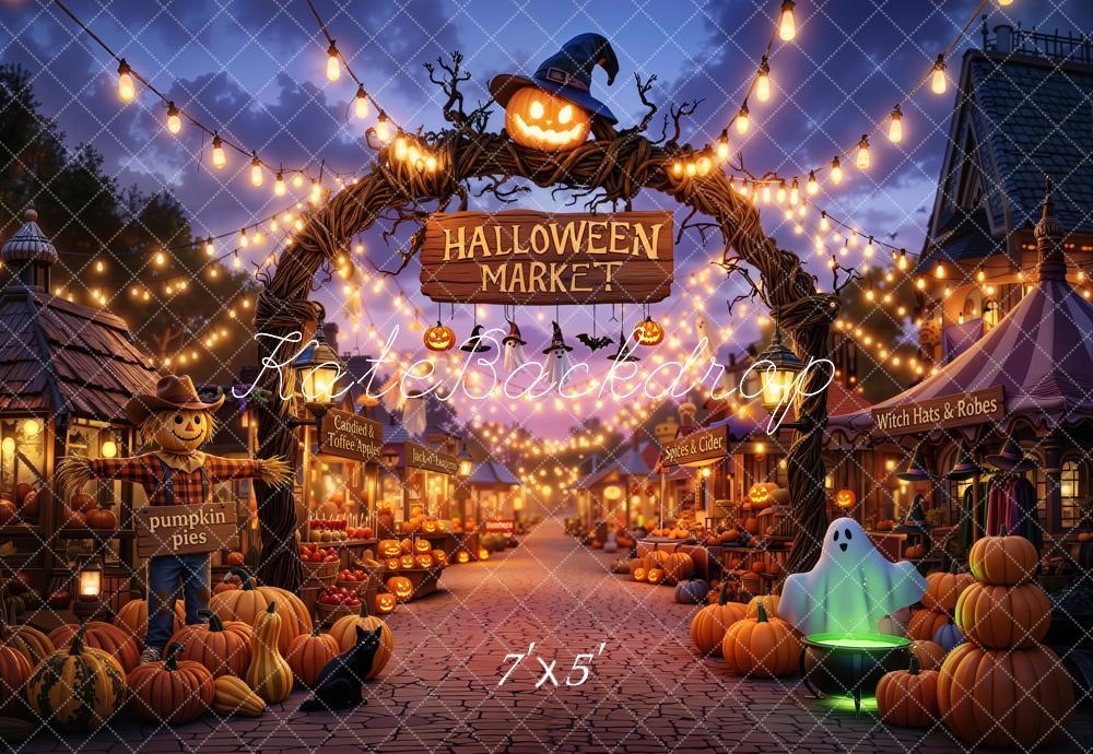 Kate Halloween Market Arch Pumpkins Ghost String Lights Printed Backdrop Designed by Chain Photography