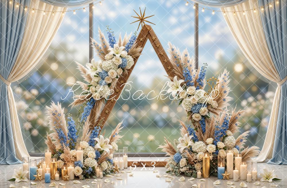 Kate Mother's Day Flower Arch Triangular Frame Candles Blue and White Drapes Printed Backdrop Designed by Emetselch