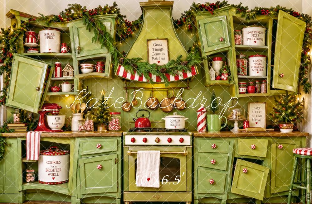 Kate Christmas Whimstical Green Kitchen Cabinet Printed Backdrop Designed by Patty Roberts
