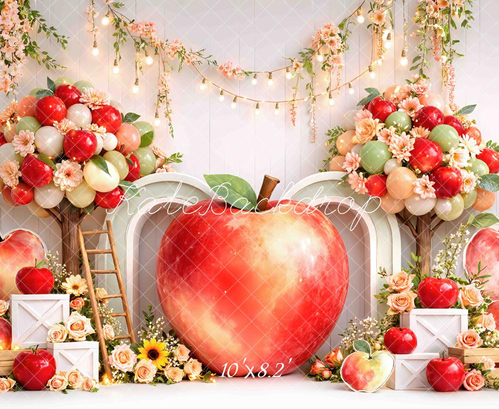 Kate Cake Smash Apple Balloon Arch Floral Crates Printed Backdrop Designed by Mini MakeBelieve