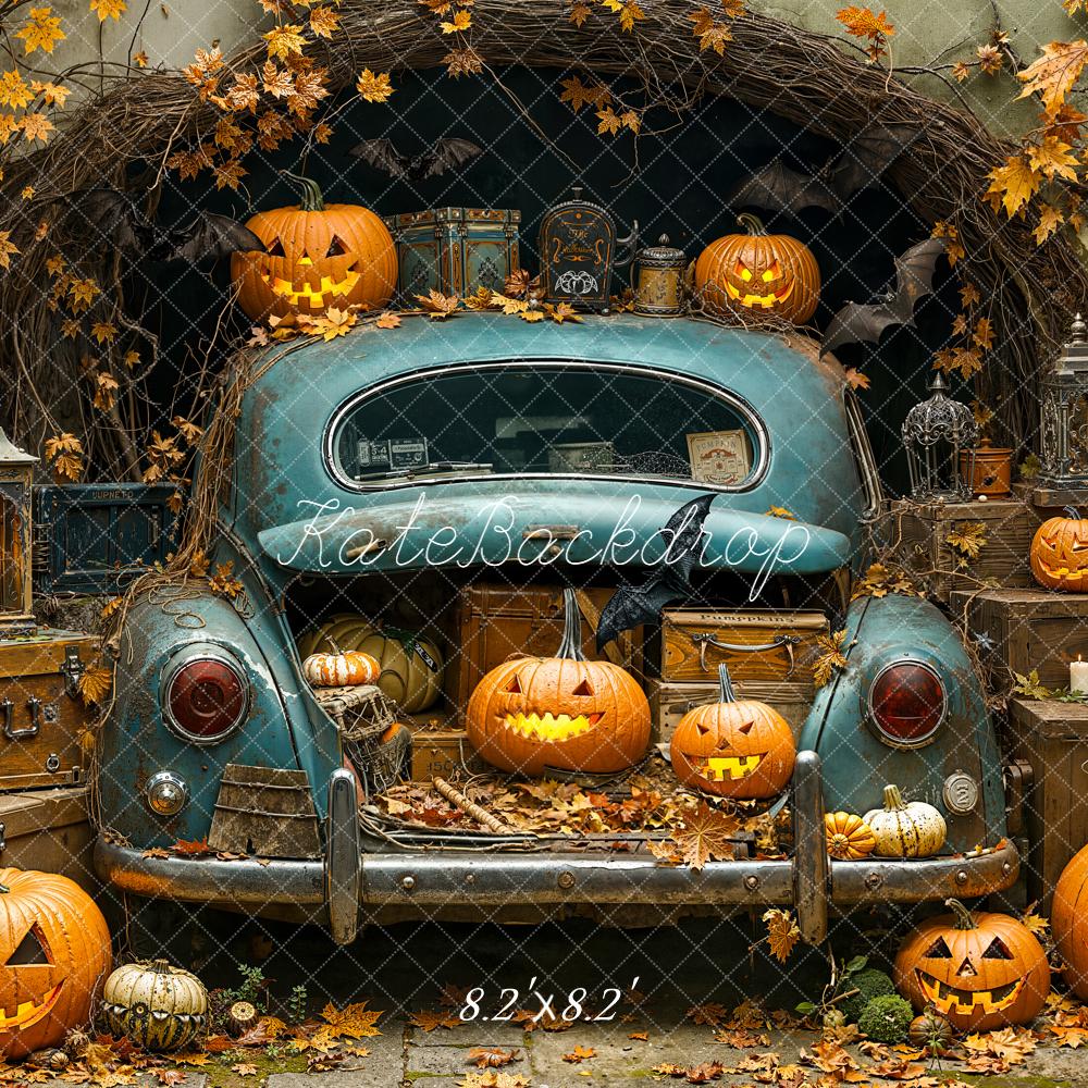 Kate Halloween Vintage Blue Car Pumpkins Lanterns Leaves Backdrop Designed by Emetselch