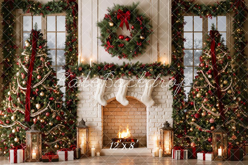 Kate Christmas Fireplace Christmas Trees Wreath Garland Pearl Red Ribbon Printed Backdrop Designed by Emetselch