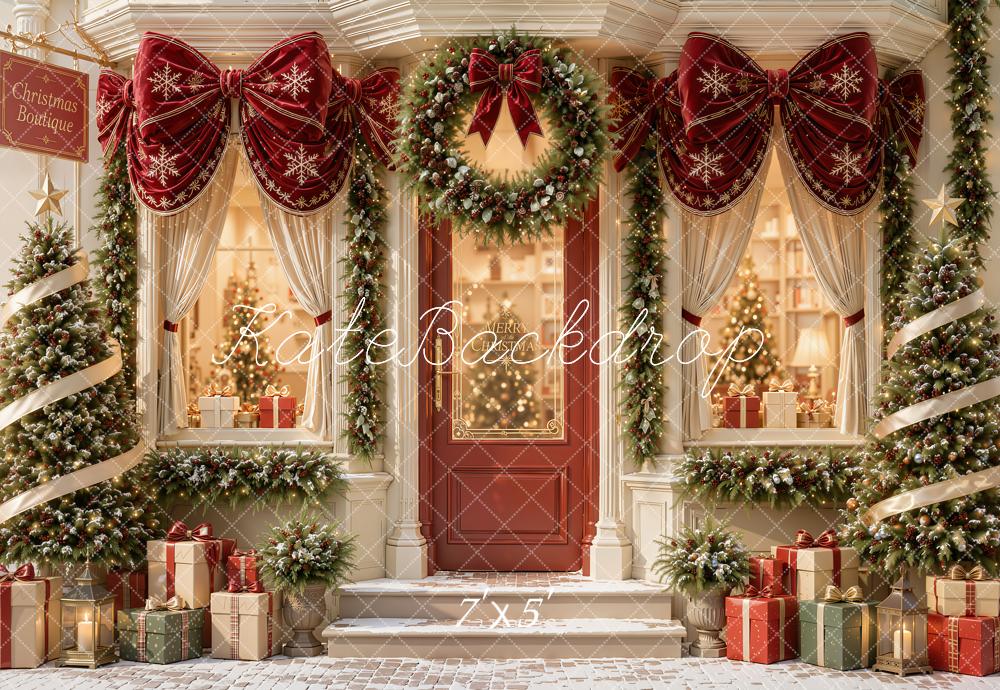 Kate Christmas Doorway Boutique Red Bow Garland Christmas Trees Printed Backdrop Designed by Emetselch