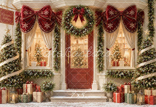 Kate Christmas Doorway Boutique Red Bow Garland Christmas Trees Printed Backdrop Designed by Emetselch