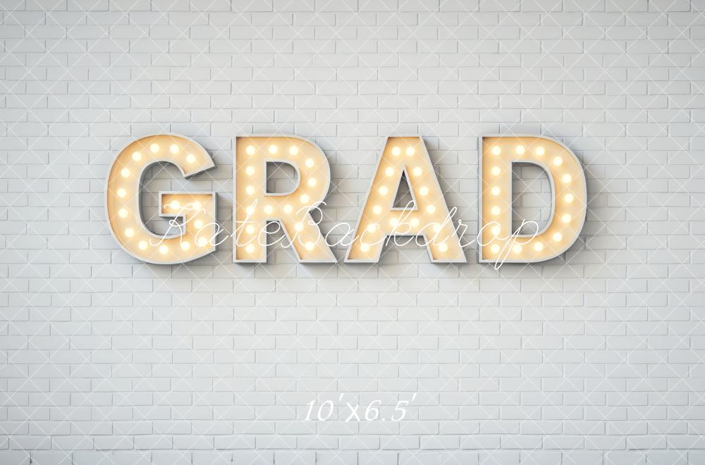 Kate Graduation Grad Marquee Letters White Brick Wall Printed Backdrop Designed by Mini MakeBelieve