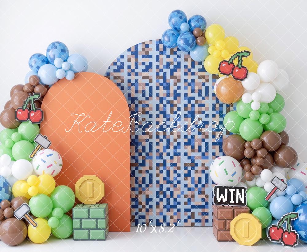 Kate Cake Smash Pixel Video Game Balloons Bricks Coins Blue Mosaic Printed Backdrop Designed by Mini MakeBelieve