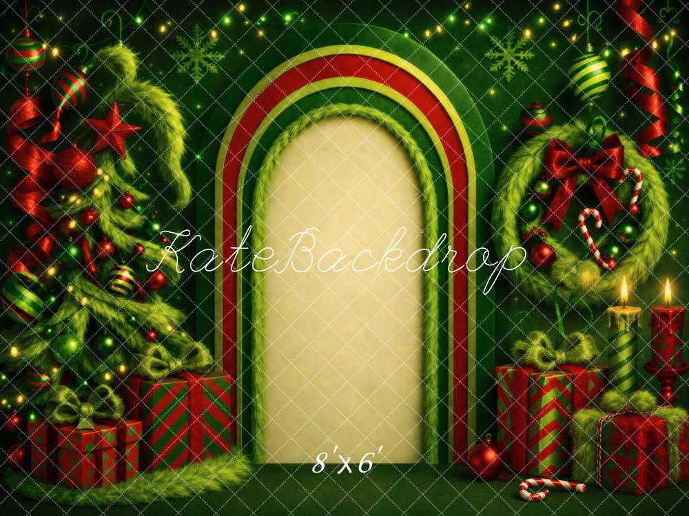 Kate Christmas Whimsical Green Arch Tree Wreath Candles Gifts Printed Backdrop Designed by Vertigo Productions