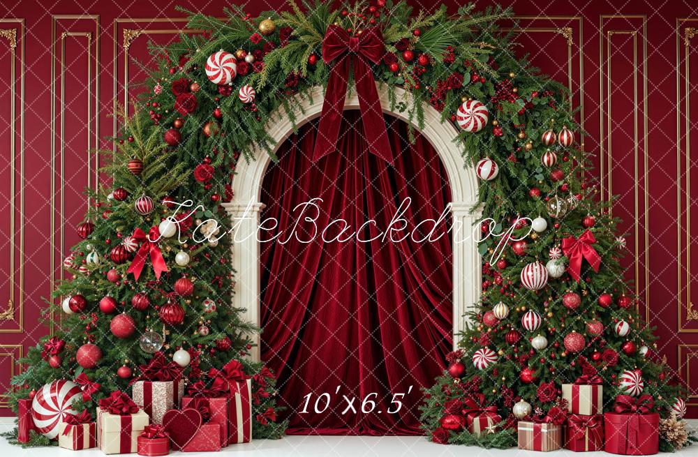 Kate Christmas Red Drapes Evergreen Arch Gifts Printed Backdrop Designed by Mini MakeBelieve