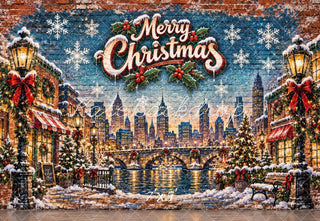 Kate Christmas Snowy Cityscape Bridge Graffiti Printed Backdrop Designed by Laura Bybee