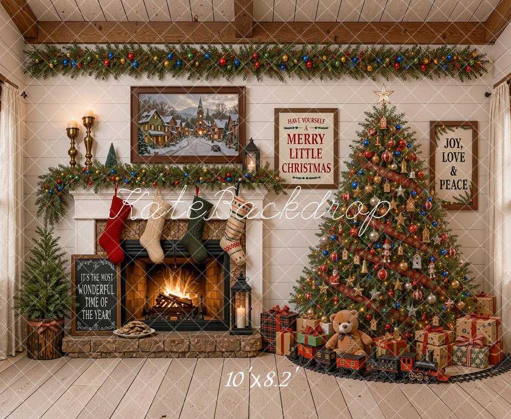 Kate Christmas Fireplace Christmas Tree Toys Train Rustic Printed Backdrop Designed by Shutter Swan Studios