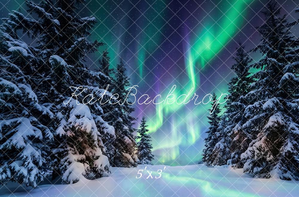 Kate Winter Aurora Borealis Snowy Pine Trees Printed Backdrop Designed by Happy Squirrel Design