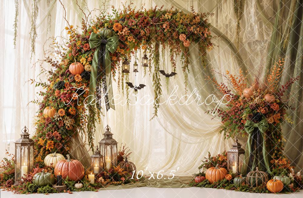Kate Halloween Fall Green Drapes Pumpkins Flower Arch Lanterns Printed Backdrop Designed by Emetselch
