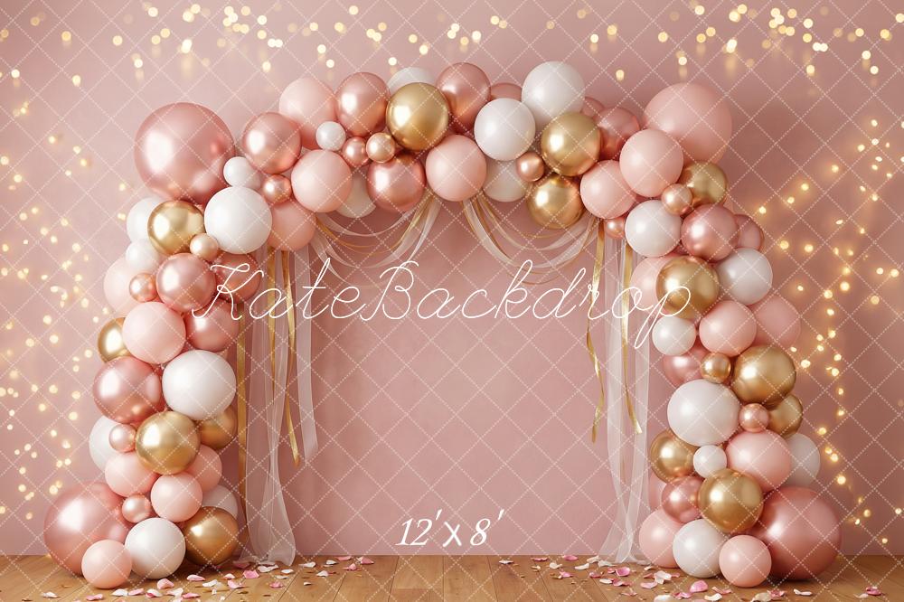 TEST Kate Birthday Balloon Arch Pink Gold White Bokeh Printed Backdrop Designed by Happy Squirrel Design