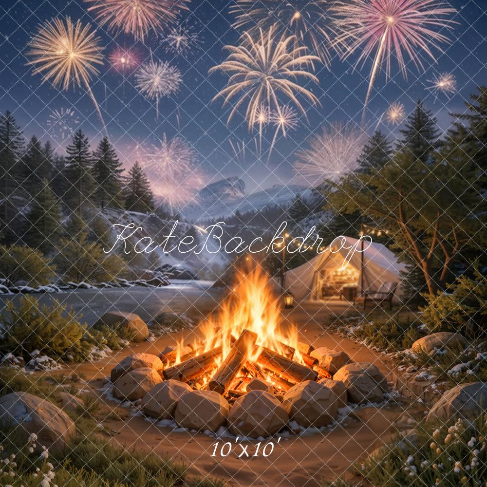Kate Winter Fireworks Campfire Tent Mountain Camping Printed Backdrop Designed by Emetselch