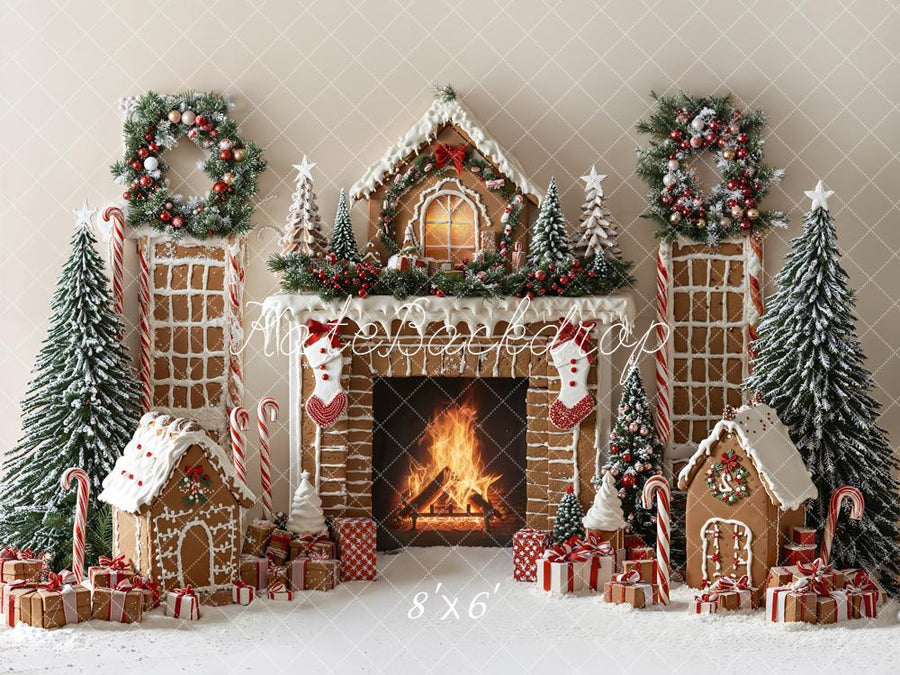Kate Christmas Gingerbread House Fireplace Snowy Trees Wreaths Backdro