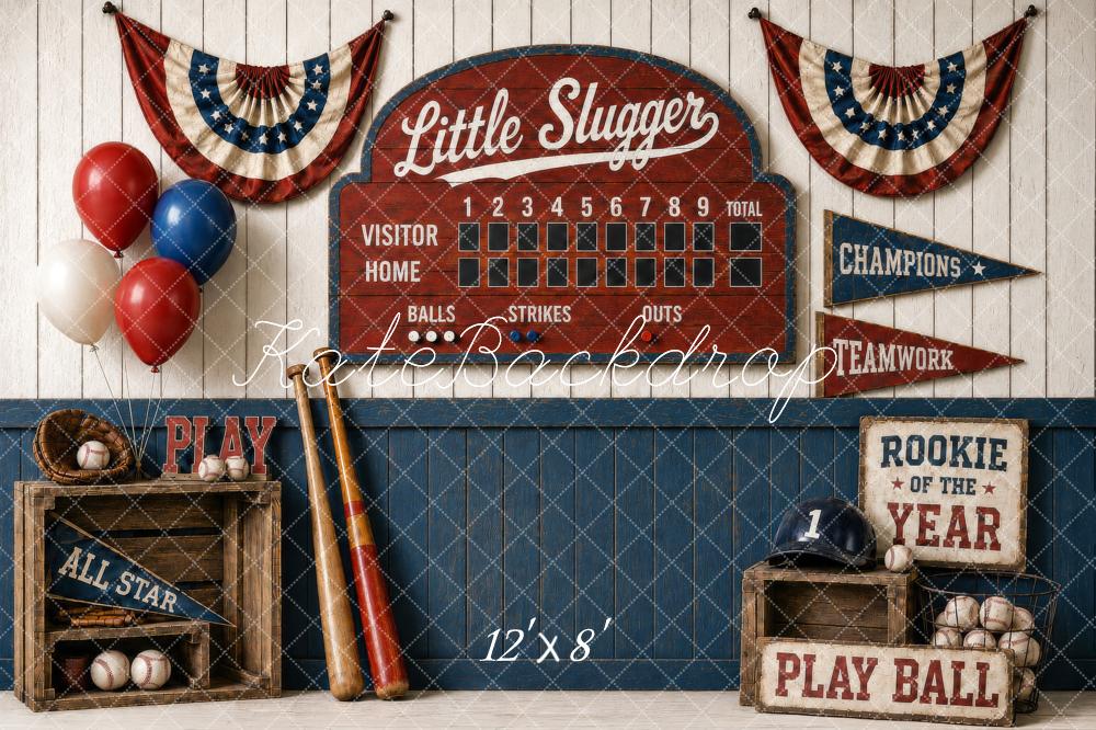 Kate Baseball Vintage Scoreboard Bats Crates Balloons Bunting Printed Backdrop Designed by Shutter Swan Studios
