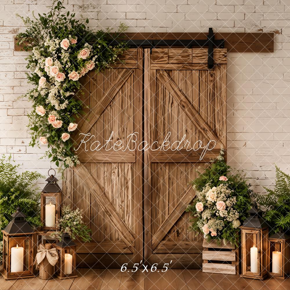 Kate Spring Barn Door Flower Arch Lanterns Greenery Backdrop Designed by Emetselch