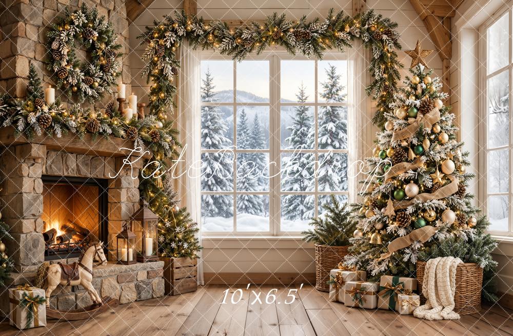 Kate Christmas Fireplace Rustic Stone Christmas Tree Snowy Window Printed Backdrop Designed by Emetselch