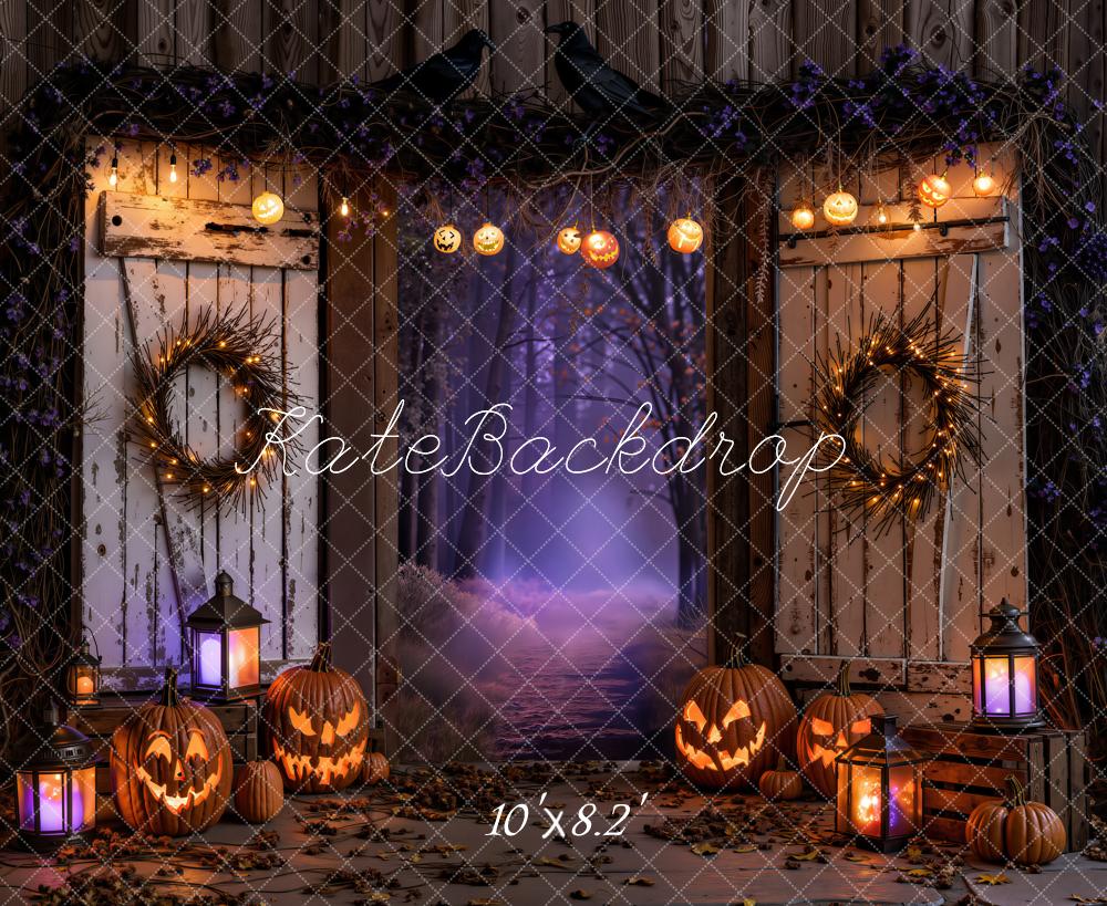 Kate Halloween Night Haunted Barn Doors Jack-o-Lanterns Printed Backdrop Designed by Emetselch