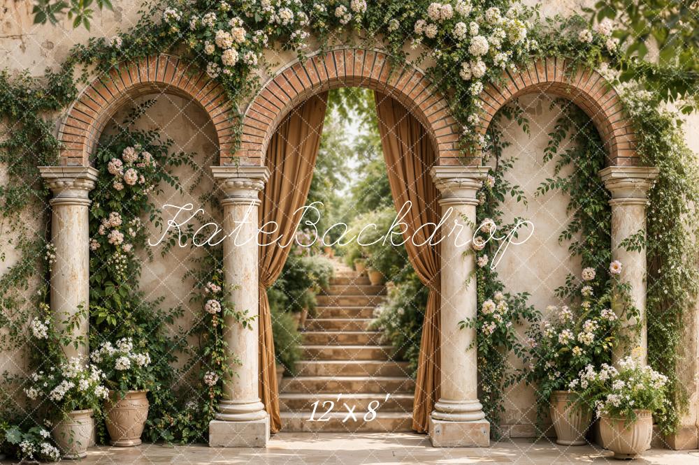 Kate Spring Vintage Roman Arch Garden Columns Stairs Flower Beige Printed Backdrop Designed by Emetselch