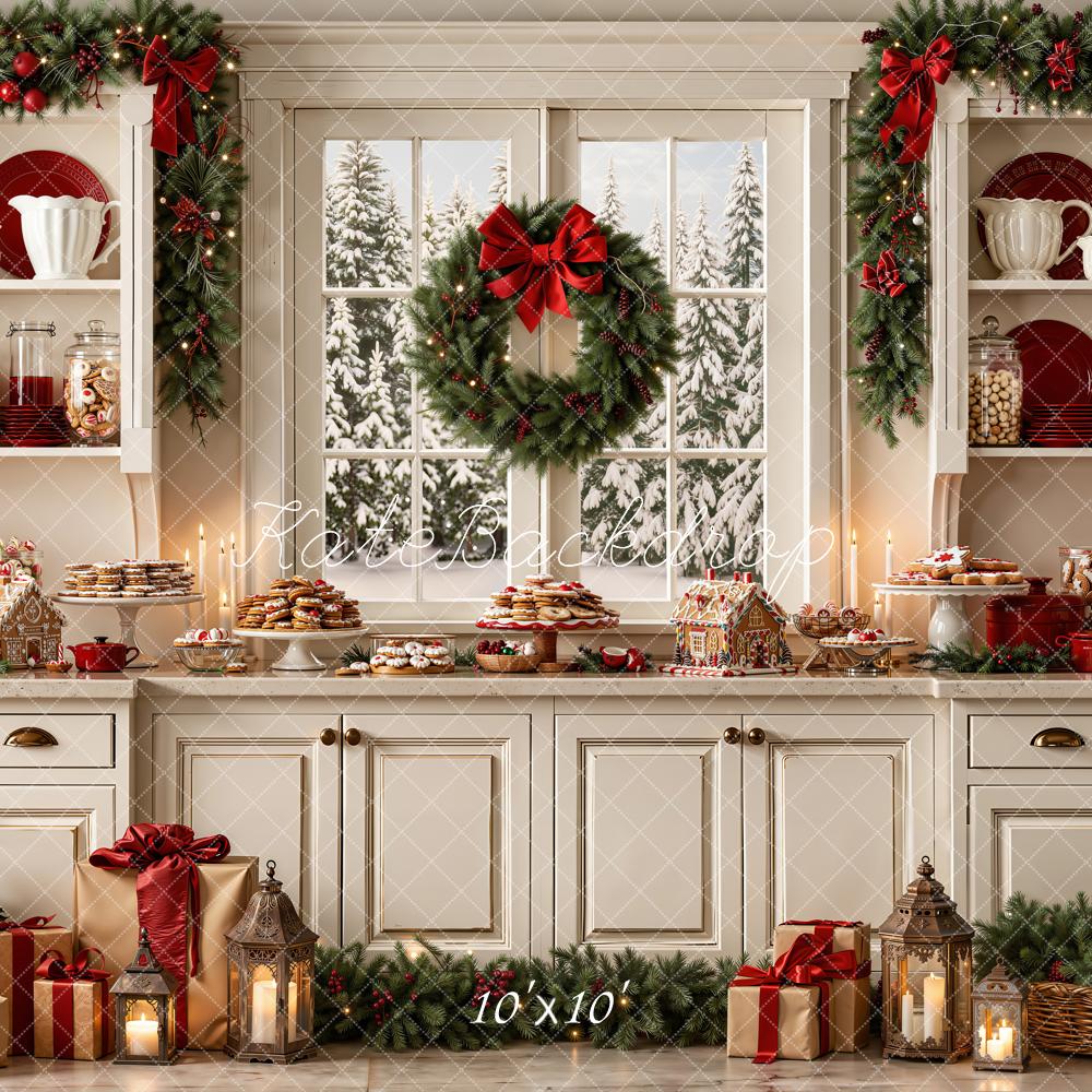 Kate Christmas Kitchen Gingerbread Garland Wreath Gifts Printed Backdrop Designed by Emetselch