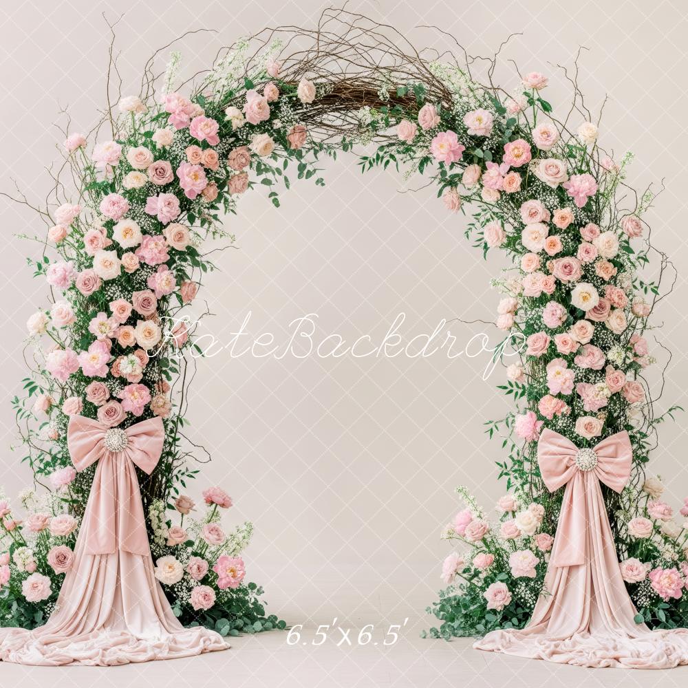 Kate Spring Flower Arch Pink Roses Greenery Bows Backdrop Designed by Patty Roberts
