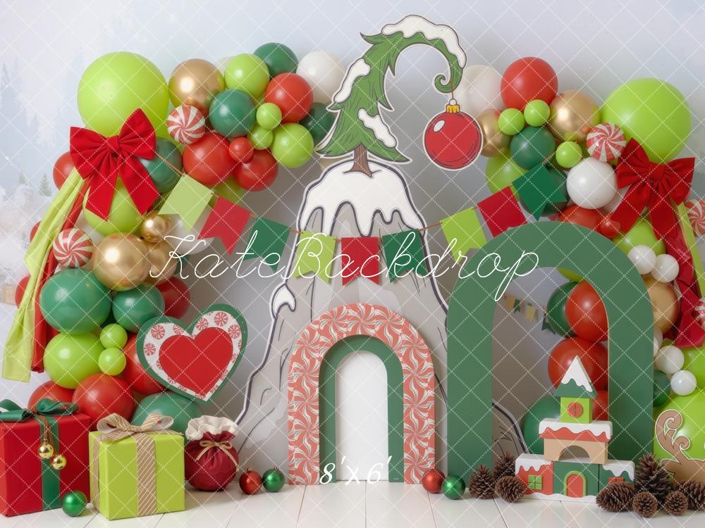 Kate Christmas Cake Smash Whoville Balloon Arch Candy Cane Gifts Green Red Printed Backdrop Designed by Mini MakeBelieve