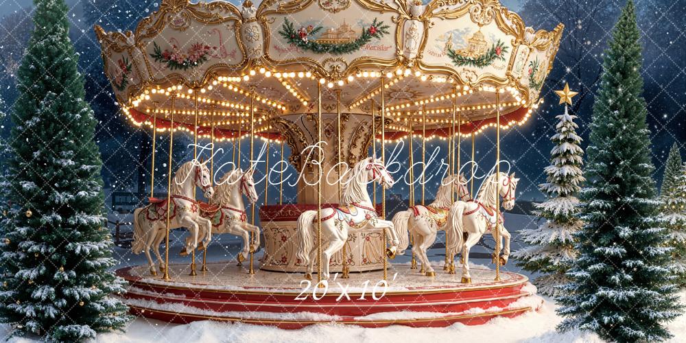 Kate Christmas Carousel Snowy Pine Trees Night Backdrop Designed by Emetselch