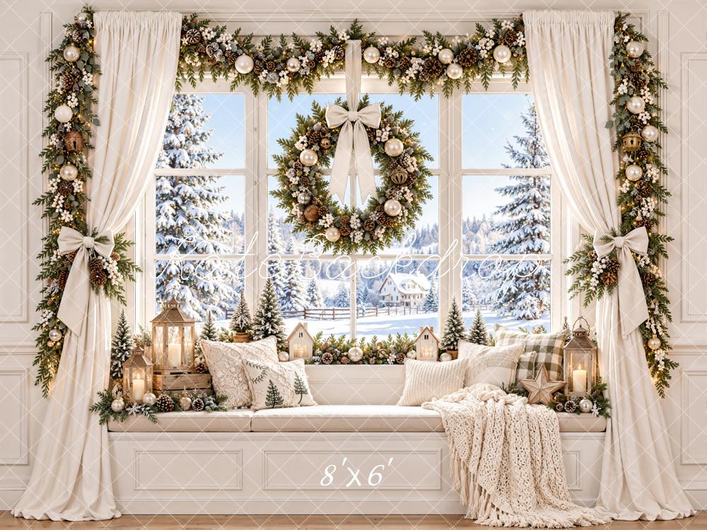 Kate Christmas Bay Window Wreath Garland White Curtains Printed Backdrop Designed by Emetselch