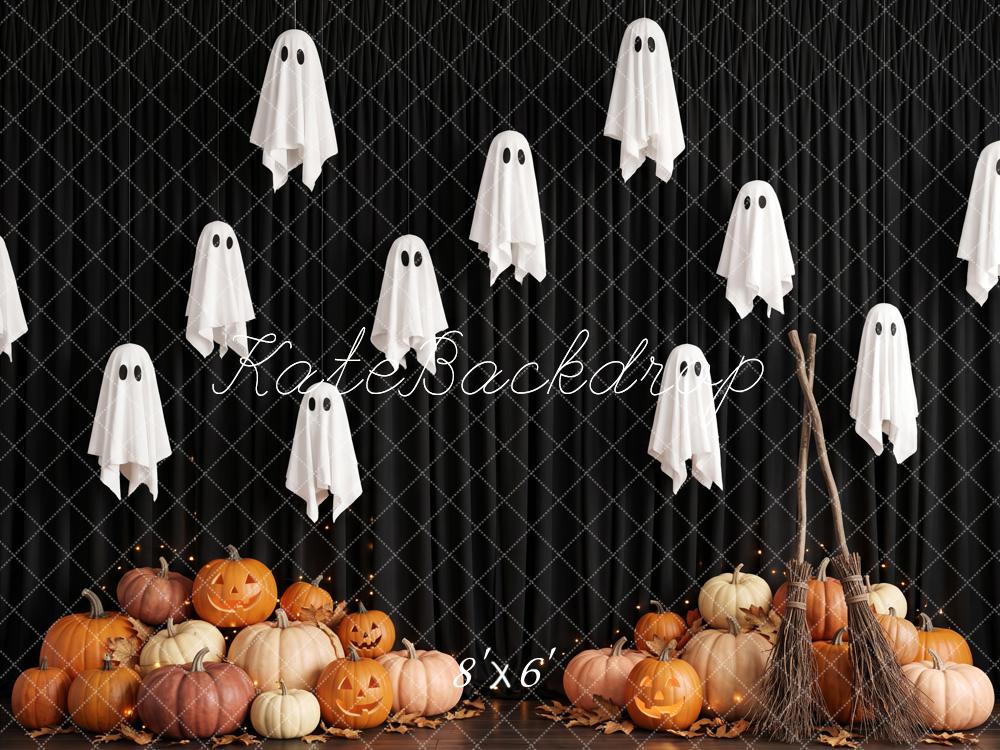 Kate Halloween Ghost Pumpkin Broom Black Wall Printed Backdrop Designed by Patty Roberts